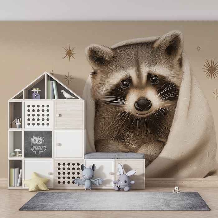 Tapet barnerom | Sjarmerende vaskebjørn innpakket