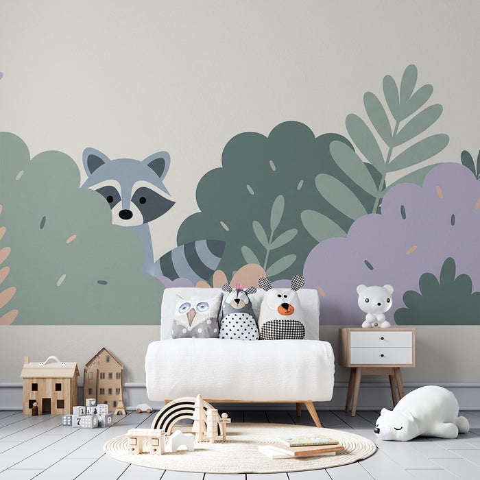 Papier peint chambre bébé | Raton laveur curieux dans un jardin coloré