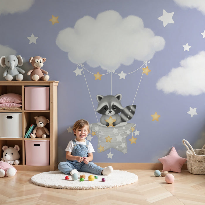 Papel pintado para habitación infantil | Mapache en un globo entre nubes y estrellas