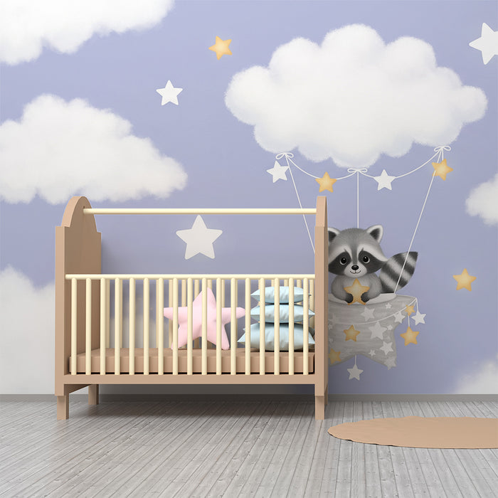 Papel pintado para habitación infantil | Mapache en un globo entre nubes y estrellas