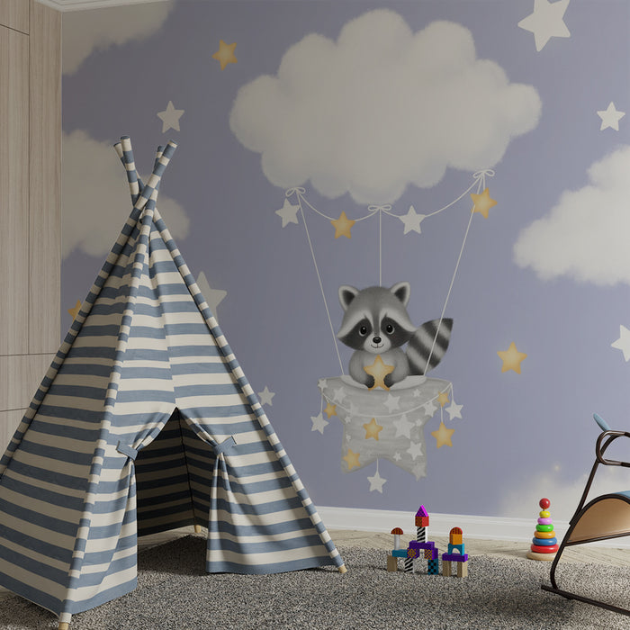 Papel pintado para habitación infantil | Mapache en un globo entre nubes y estrellas