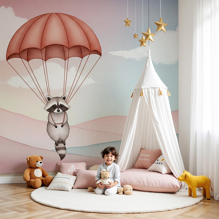 Papel de parede quarto bebê | Rakun u padobranu u oblacima