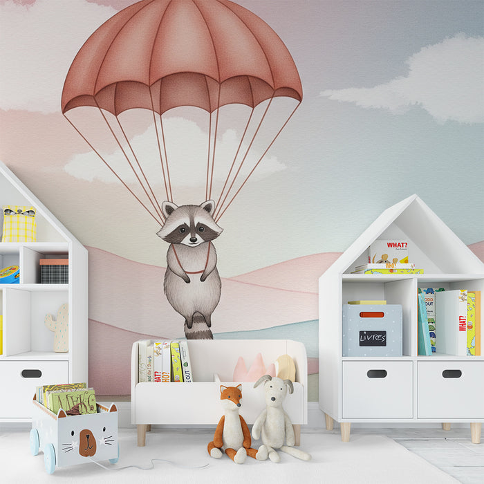 Papel de parede quarto bebê | Rakun u padobranu u oblacima