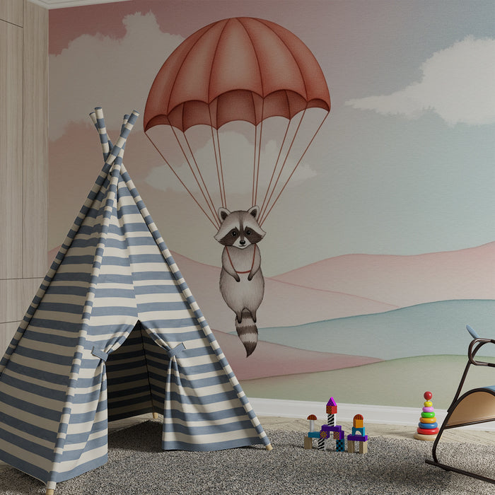 Papel de parede quarto bebê | Rakun u padobranu u oblacima