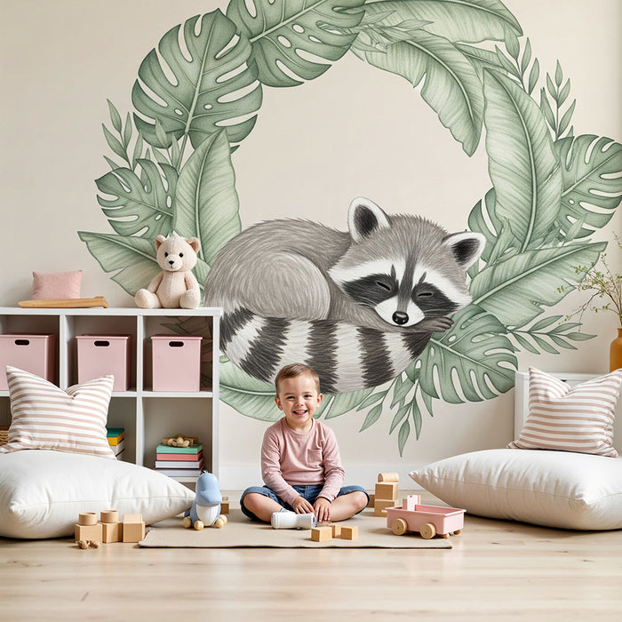 Papel pintado infantil | Mapache durmiendo en el follaje