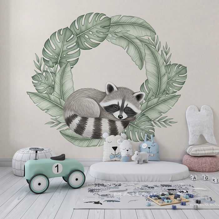 Papel pintado infantil | Mapache durmiendo en el follaje