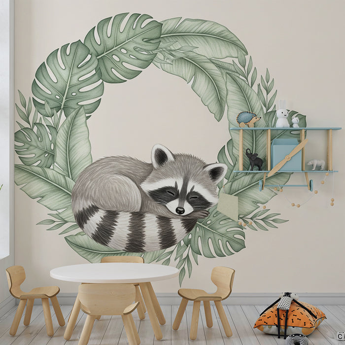 Papel pintado infantil | Mapache durmiendo en el follaje