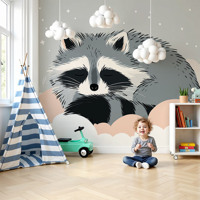 Papier peint chambre bébé | Raton laveur endormi dans un nuage de douceur