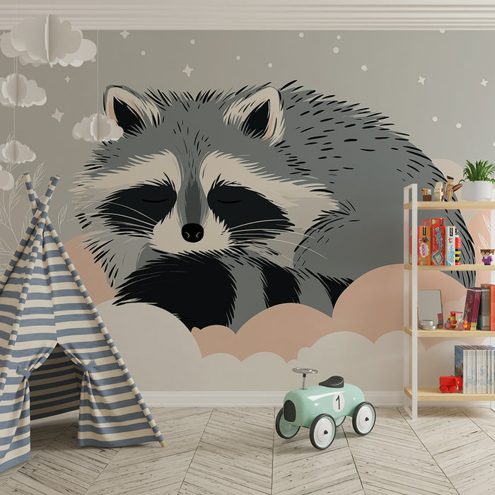 Papier peint chambre bébé | Raton laveur endormi dans un nuage de douceur