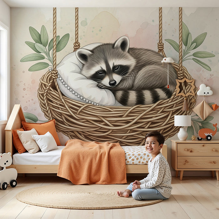 Papier peint chambre bébé | Raton laveur endormi dans un panier