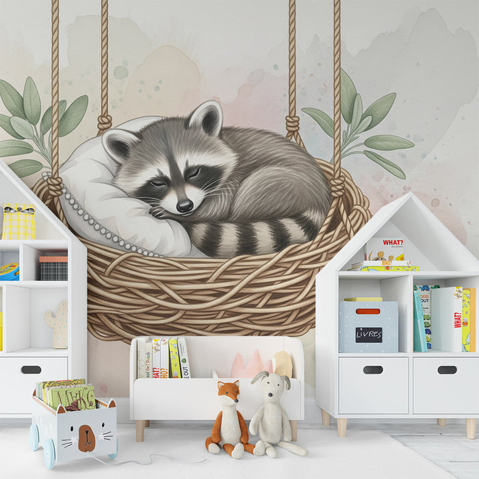 Papier peint chambre bébé | Raton laveur endormi dans un panier