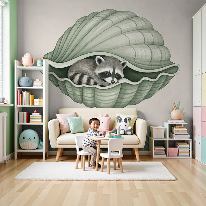 Børneværelse tapet | Sovende vaskebjørn i en skal