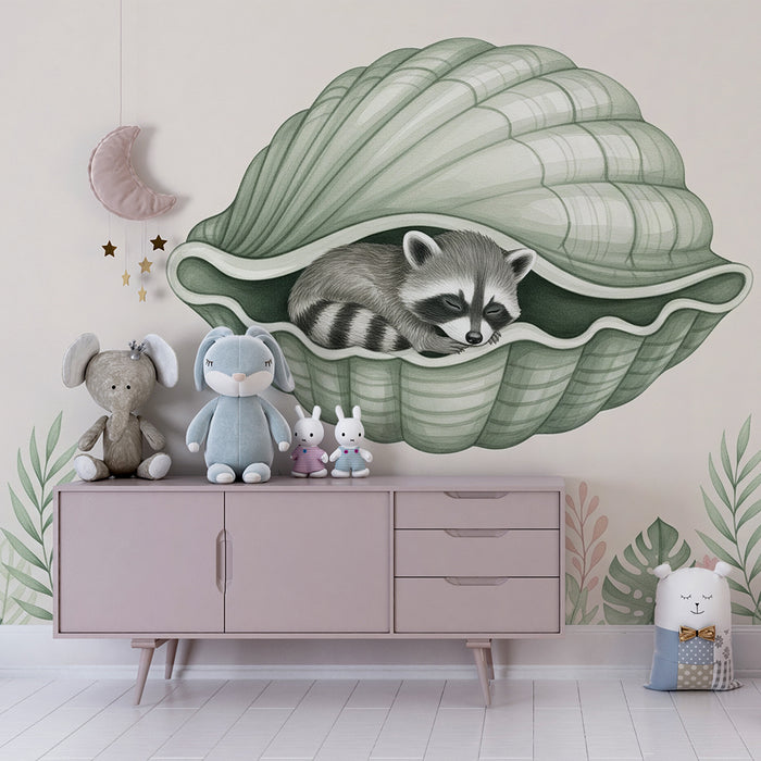Børneværelse tapet | Sovende vaskebjørn i en skal