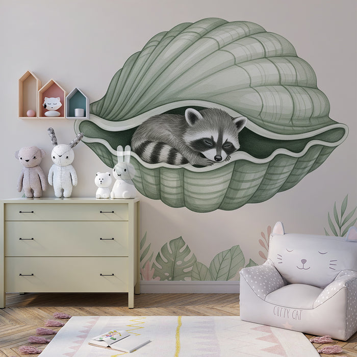 Børneværelse tapet | Sovende vaskebjørn i en skal