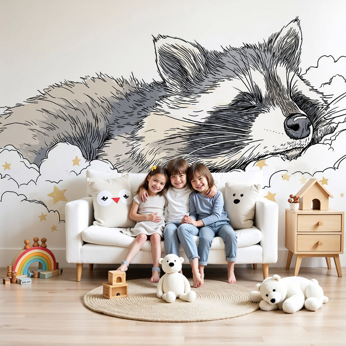 Papier peint chambre bébé | Raton laveur endormi parmi les nuages