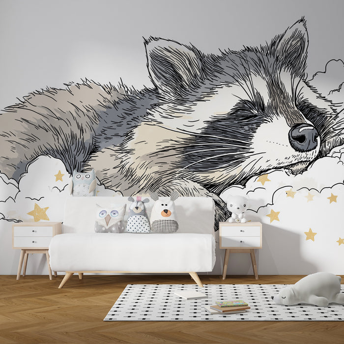Papier peint chambre bébé | Raton laveur endormi parmi les nuages