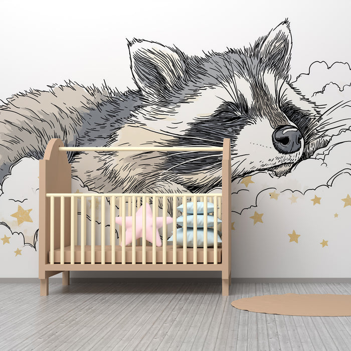 Papier peint chambre bébé | Raton laveur endormi parmi les nuages