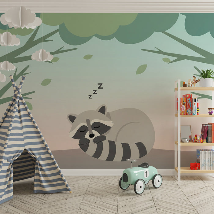 Papier peint chambre bébé | Raton laveur endormi sous les arbres