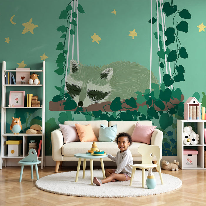 Nursery room wallpaper | Alvakacsa alvó mosómedve a csillagok alatt