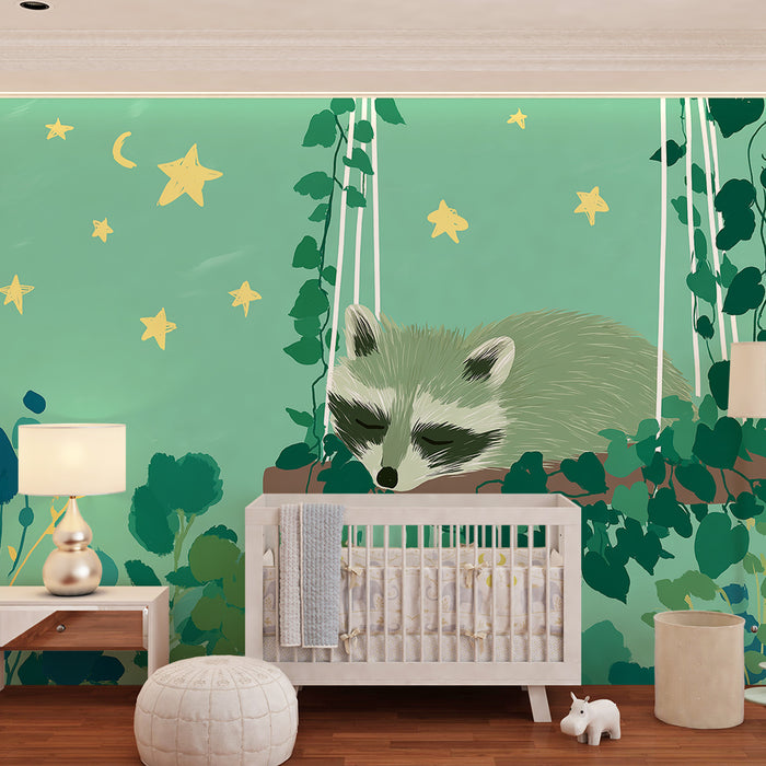Nursery room wallpaper | Alvakacsa alvó mosómedve a csillagok alatt