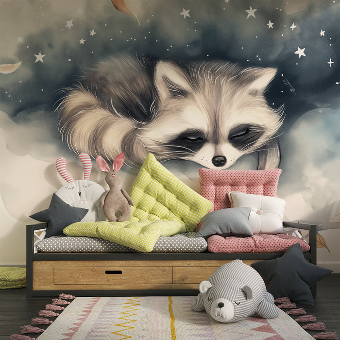 Barntapet | Sovande tvättbjörn under en stjärnklar himmel