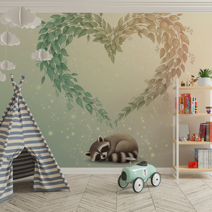 Børneværelse tapet | Sovende vaskebjørn under et hjerte af løv