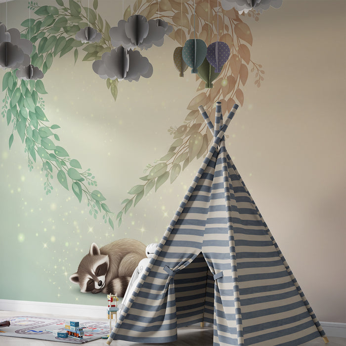 Børneværelse tapet | Sovende vaskebjørn under et hjerte af løv