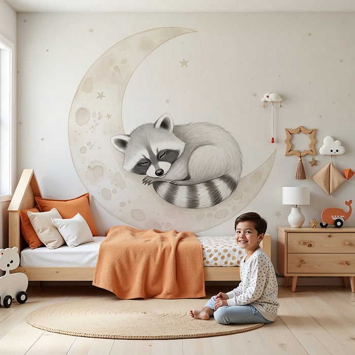 Papier peint chambre bébé | Raton laveur endormi sur la lune