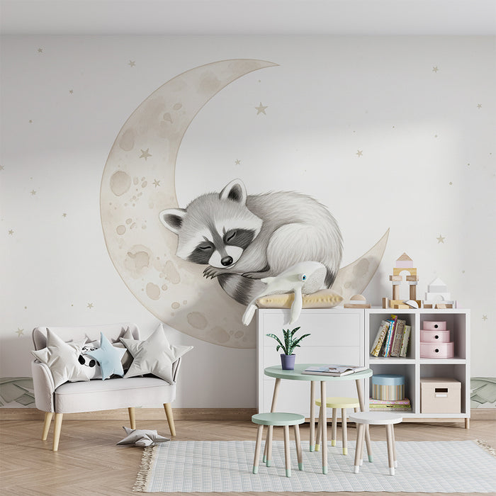 Papier peint chambre bébé | Raton laveur endormi sur la lune