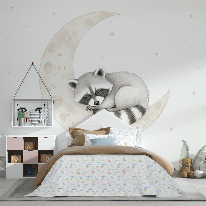 Papier peint chambre bébé | Raton laveur endormi sur la lune