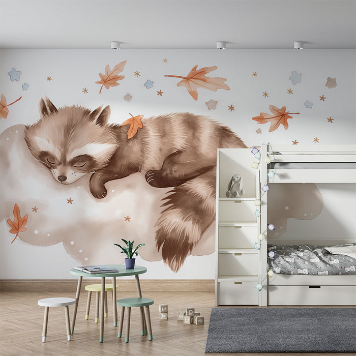 Barntapet | Sovande tvättbjörn på en moln med höstlöv