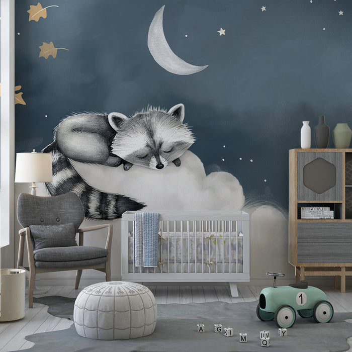 Barntapet | Sovande tvättbjörn på ett moln under en stjärnklar himmel