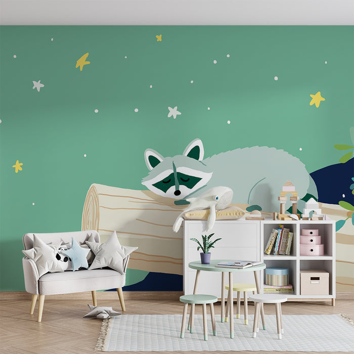 Tapeta do dětského pokoje | Usnutý jezevec na poleně pod hvězdnou oblohou