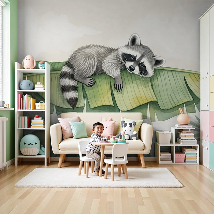 Papel de parede quarto bebê | Спяща енотна на лист