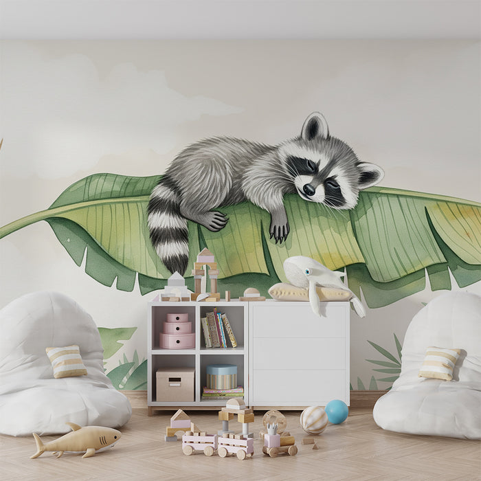 Papel de parede quarto bebê | Спяща енотна на лист