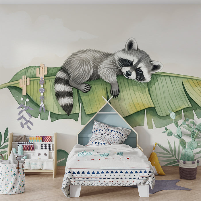 Papel de parede quarto bebê | Спяща енотна на лист