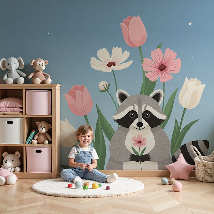 Papel de parede quarto bebê | Rakun obkrožen z nežnimi cvetovi