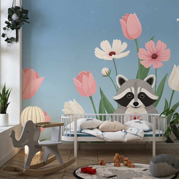 Papel de parede quarto bebê | Rakun obkrožen z nežnimi cvetovi