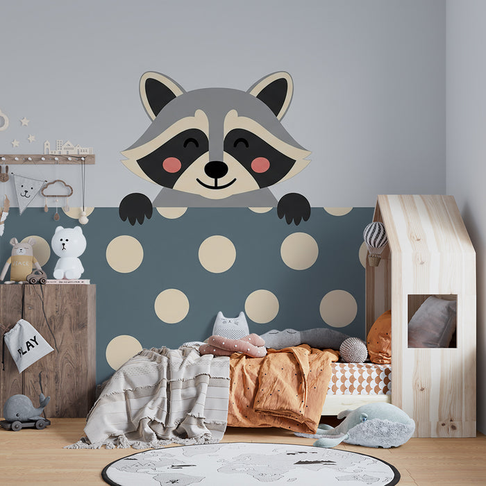 Papel de parede quarto bebê | Guaxinim travesso com padrão de bolinhas