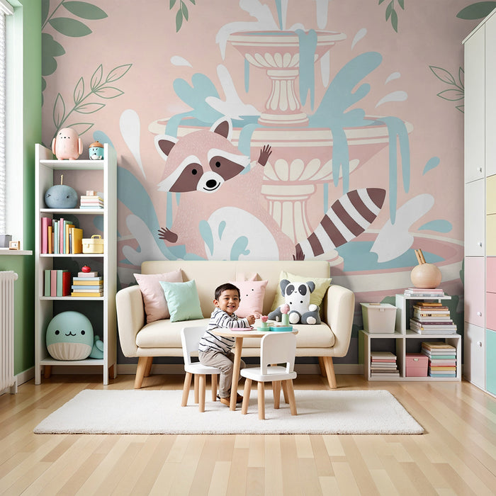 Papier peint chambre bébé | Raton laveur espiègle dans une fontaine