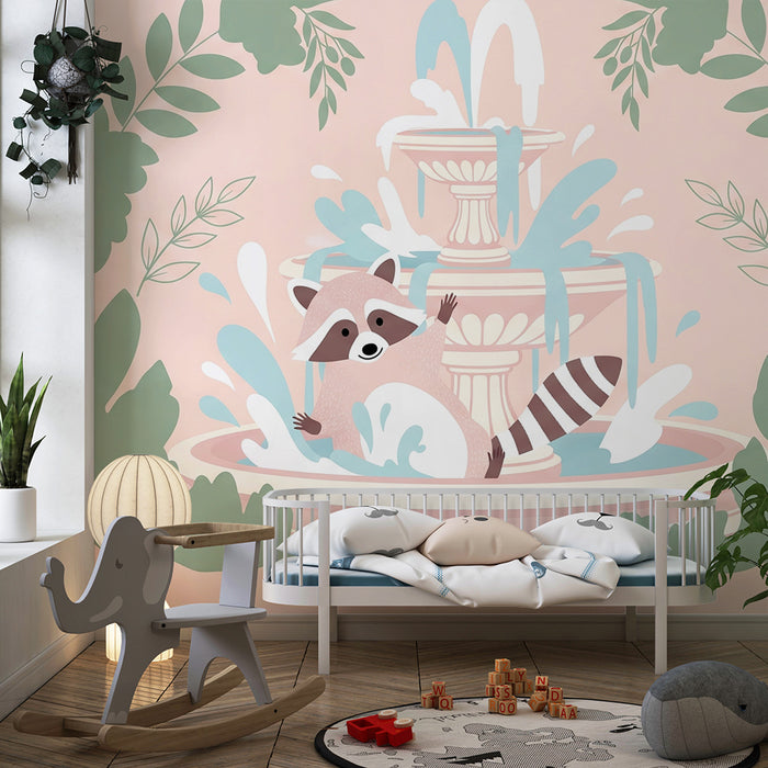 Papier peint chambre bébé | Raton laveur espiègle dans une fontaine