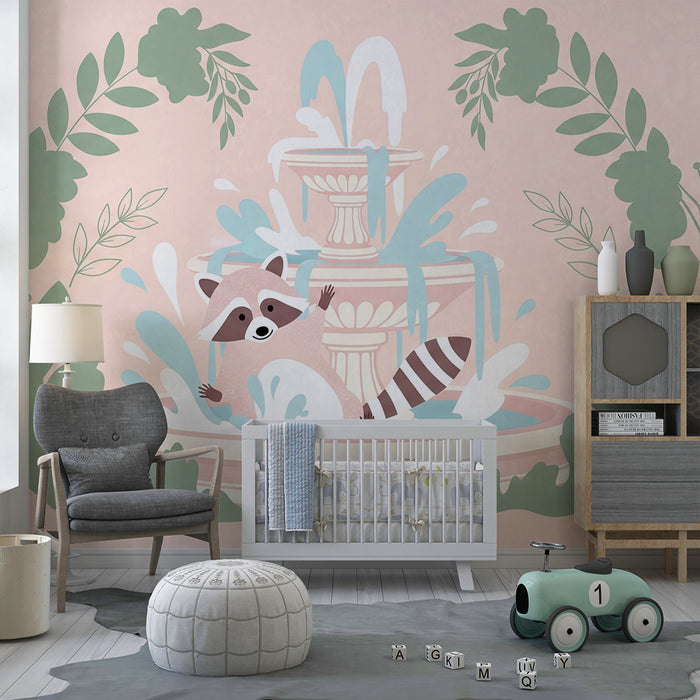 Papier peint chambre bébé | Raton laveur espiègle dans une fontaine