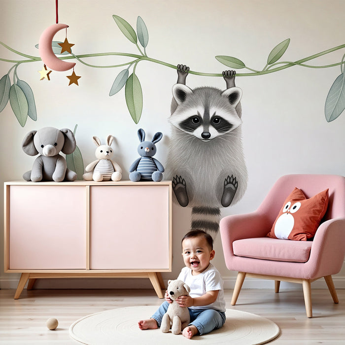 Papel de parede quarto bebê | Guaxinim travesso pendurado em um galho