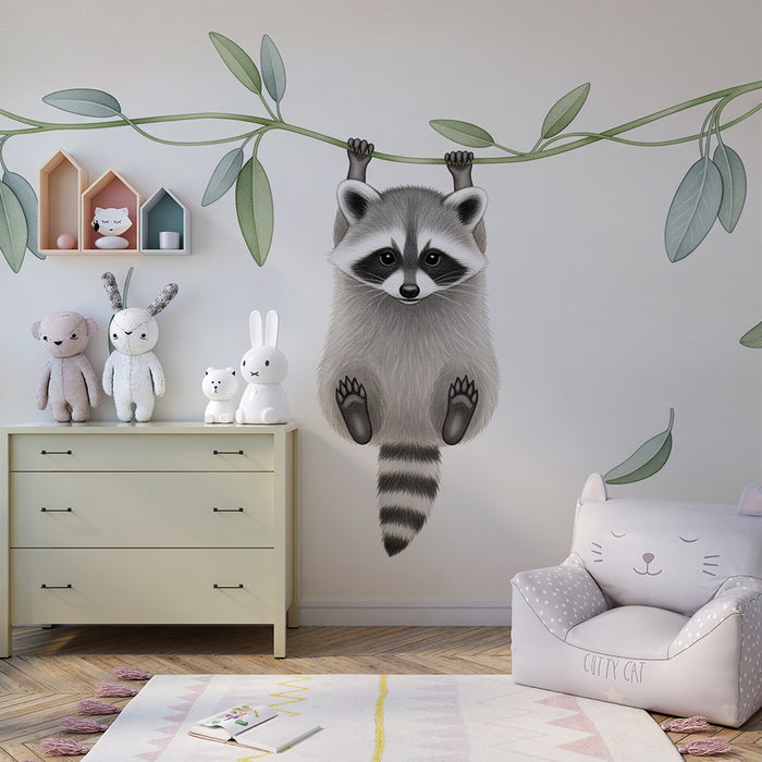 Papel de parede quarto bebê | Guaxinim travesso pendurado em um galho