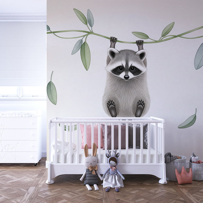 Papel de parede quarto bebê | Guaxinim travesso pendurado em um galho