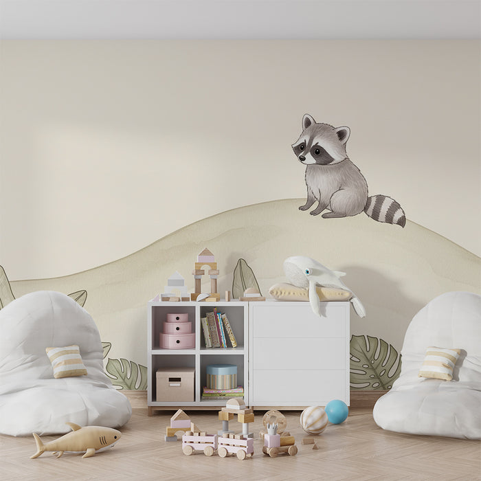 Carta da parati bambini | Procione e foglie tropicali