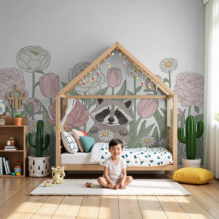 Papel pintado infantil | Mapache y flores delicadas