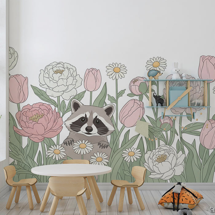 Papel pintado infantil | Mapache y flores delicadas