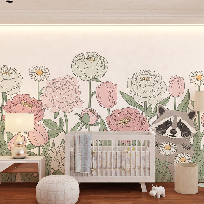 Papel pintado infantil | Mapache y flores delicadas