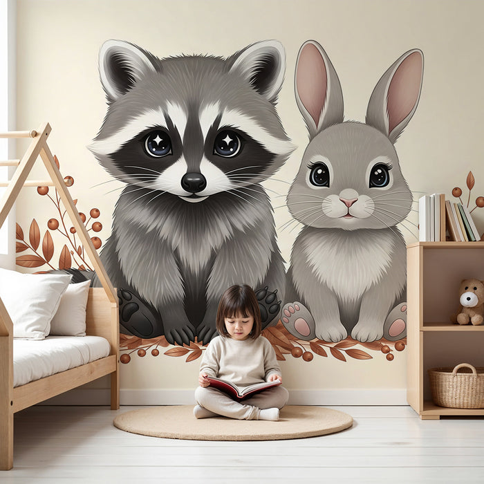 Χαρτί τοίχου δωματίου μωρού | Γλυκά αρκουδάκια και κουνέλια ανάμεσα σε φύλλα και μανιτάρια